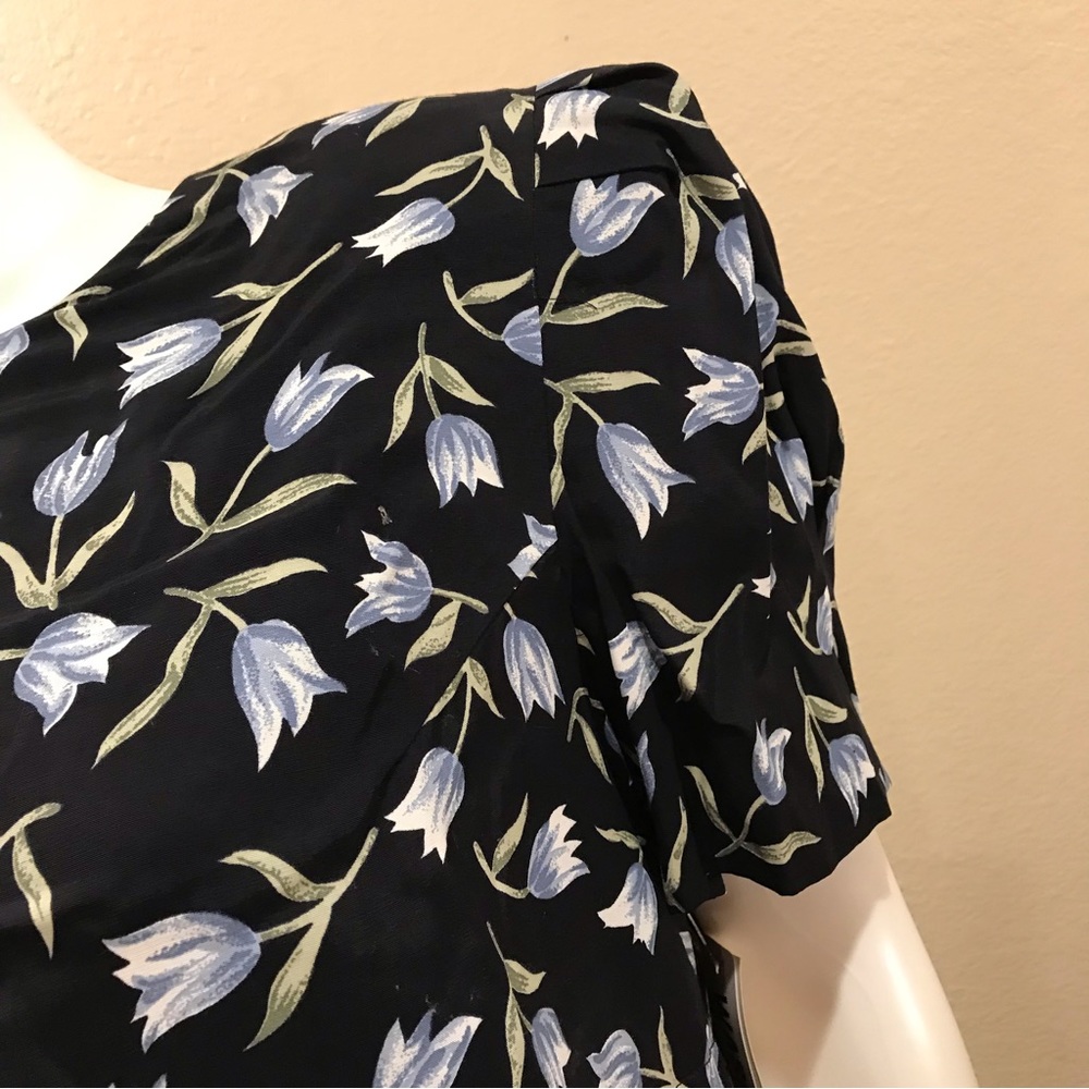 Vintage 90s Worthington Floral Dress NEW Size 14 Navy Blue Tulips Short Sleeve - Picture 14 of 15